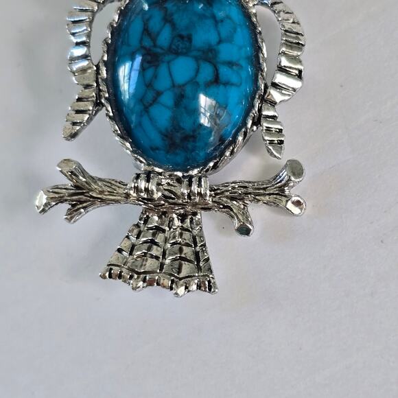 Vintage Gerry's Owl Brooch Women's Silver Faux Turquoise Cabochon Autumn Birding - Picture 3 of 8